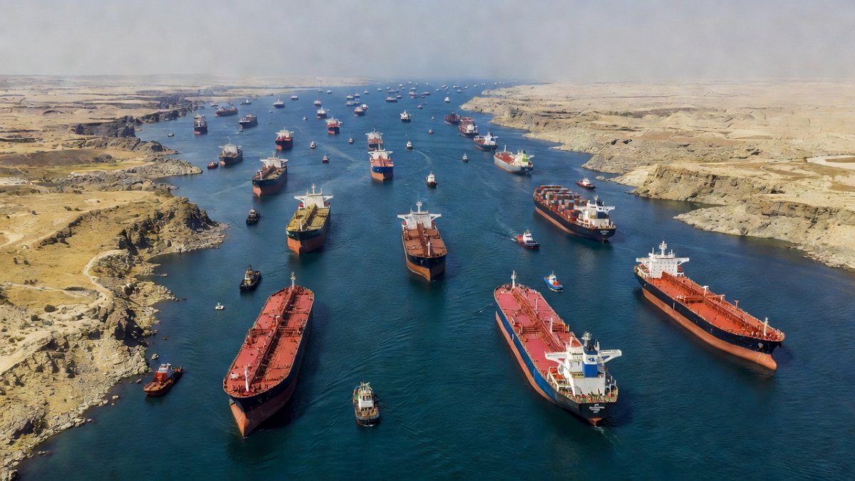 Strait of Hormuz with oil tankers and military vessels under tense geopolitical conditions