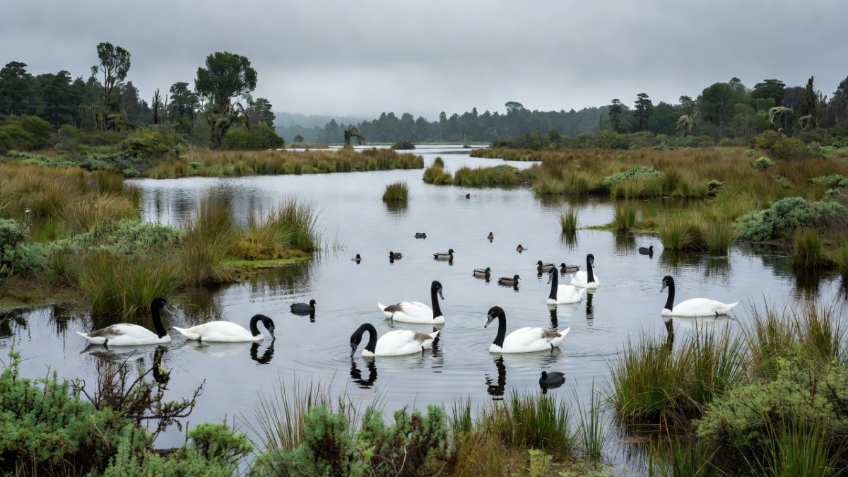 Chilean wetland at Rio Cruces nature sanctuary with black-necked swans threatened by avian influenza