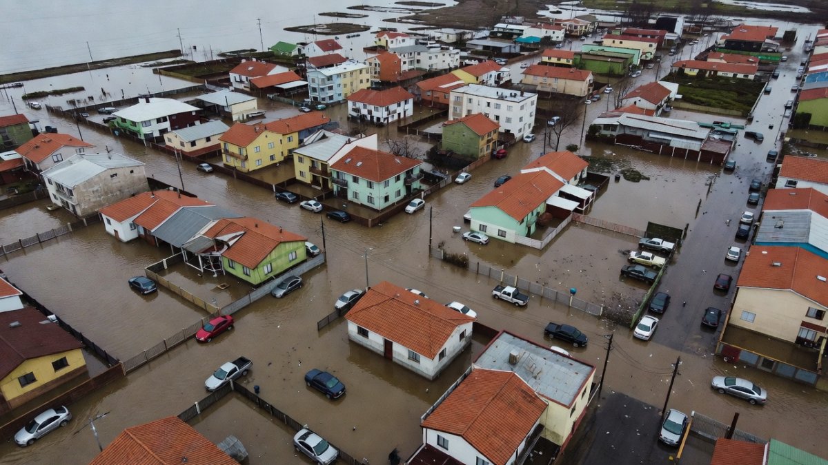 Aerial view of flooded streets in coastal Chile after atmospheric river storm causes widespread flooding