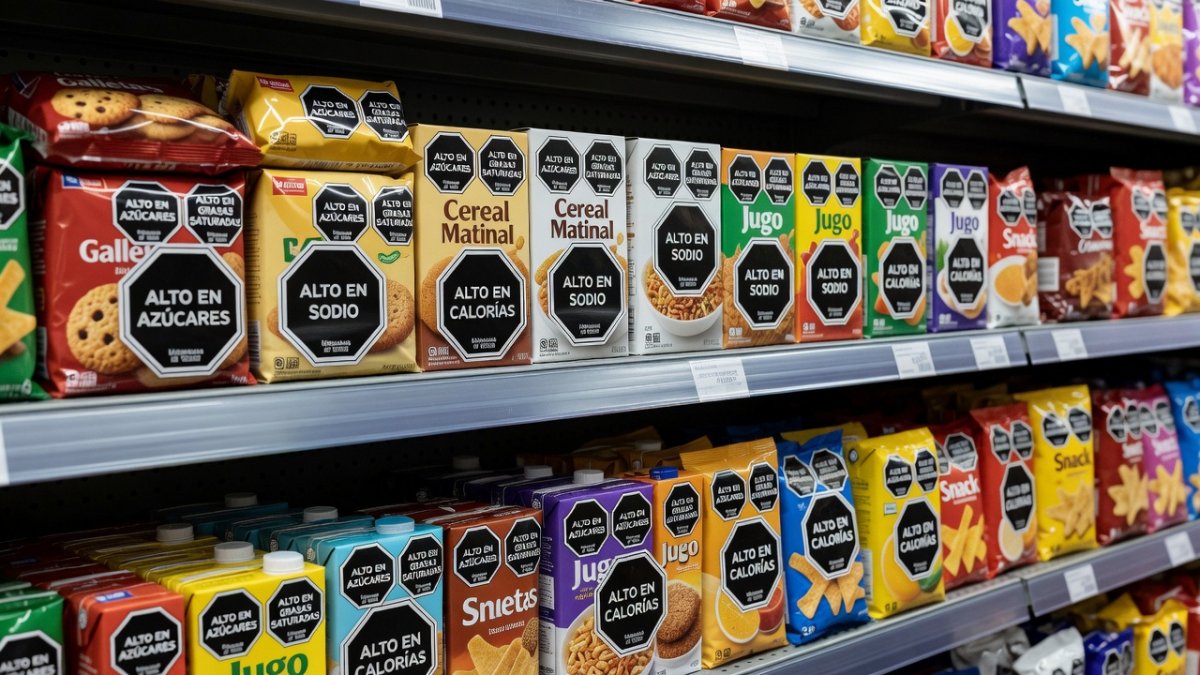 Chilean supermarket shelves displaying ALTO EN black octagonal warning labels