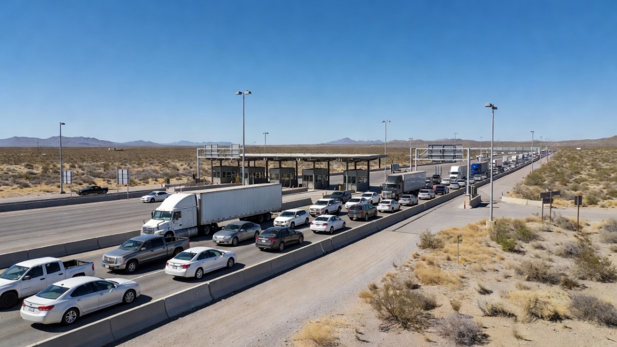 US-Mexico border crossing checkpoint with vehicles waiting, desert landscape