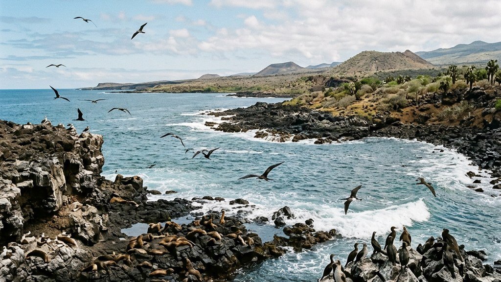 Galapagos island coastline with native seabirds and volcanic rocks