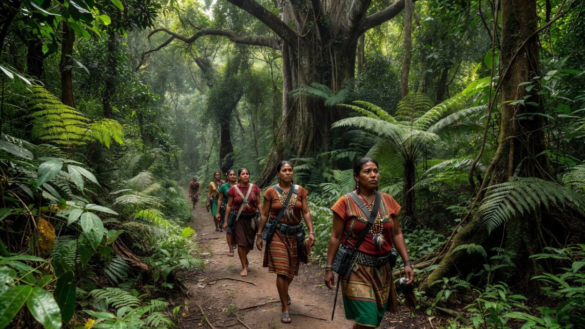 Indigenous forest defenders conducting patrol through the Amazon rainforest