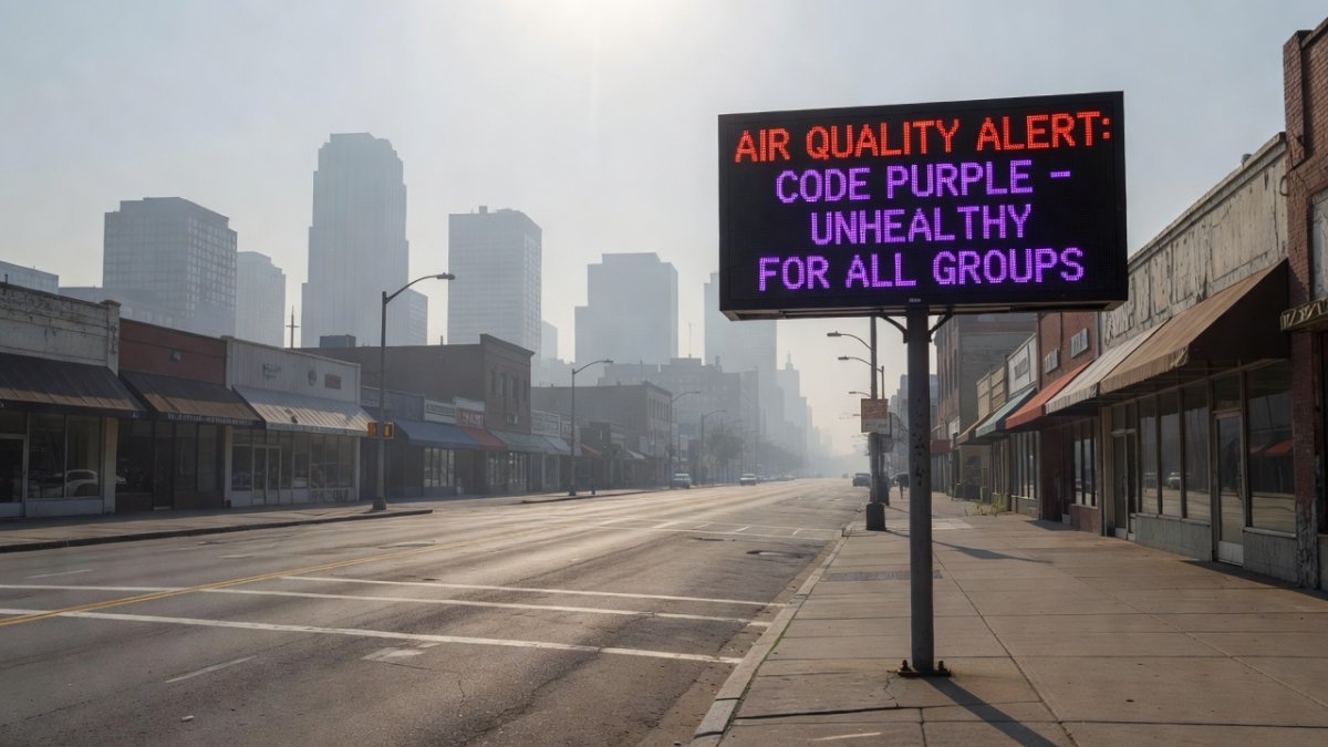 Air quality index map showing Code Purple conditions across US Midwest and East Coast with PM2.5 concentrations