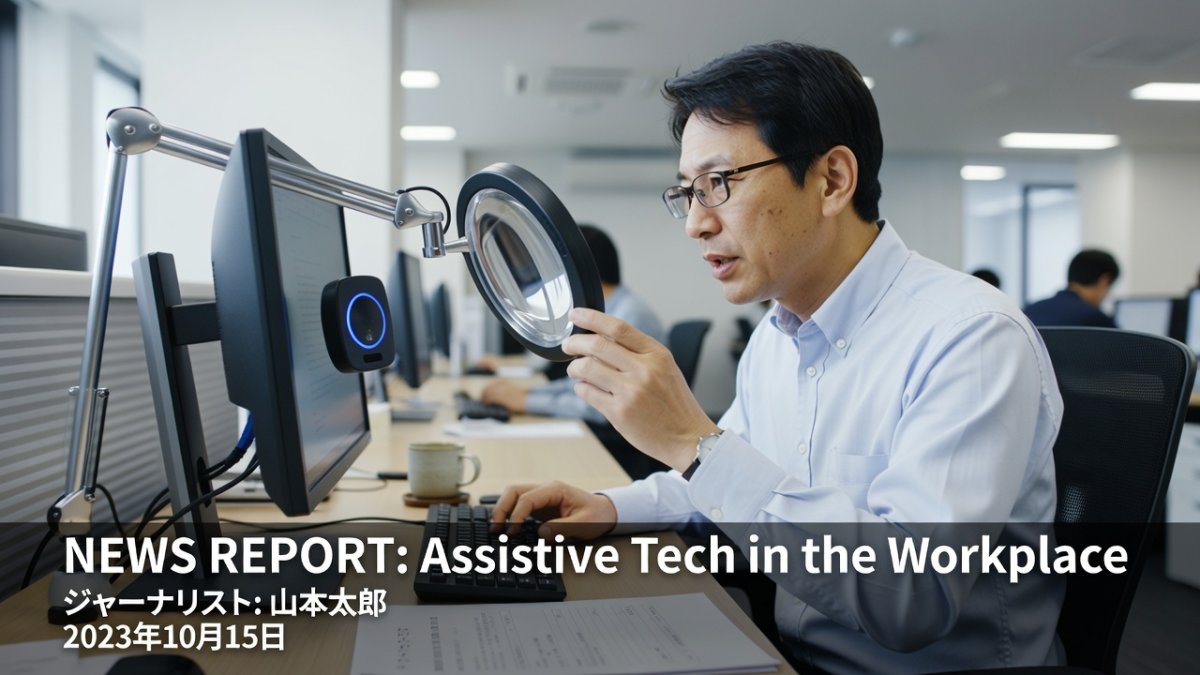 Employee using assistive technology and screen magnifier at a Japanese workplace