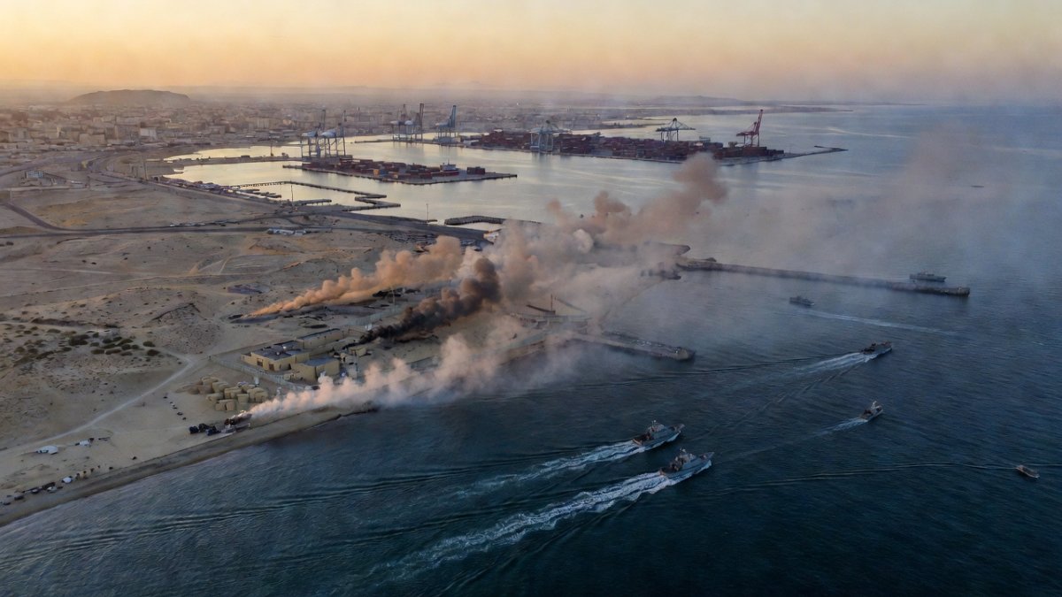 Aerial view of a Middle Eastern coastline at dawn with smoke rising from military installations near a port city, security vessels in blue waters