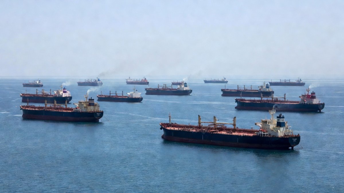 Oil tankers at anchor in the Strait of Hormuz amid shipping disruptions