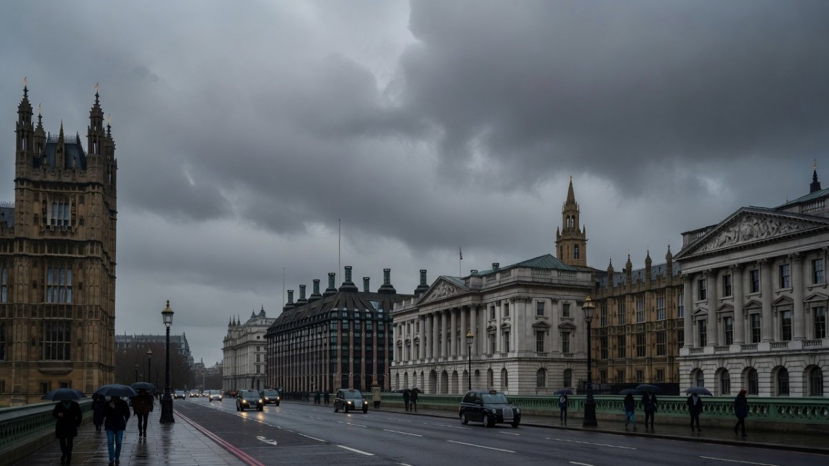 Houses of Parliament and Whitehall under overcast London sky