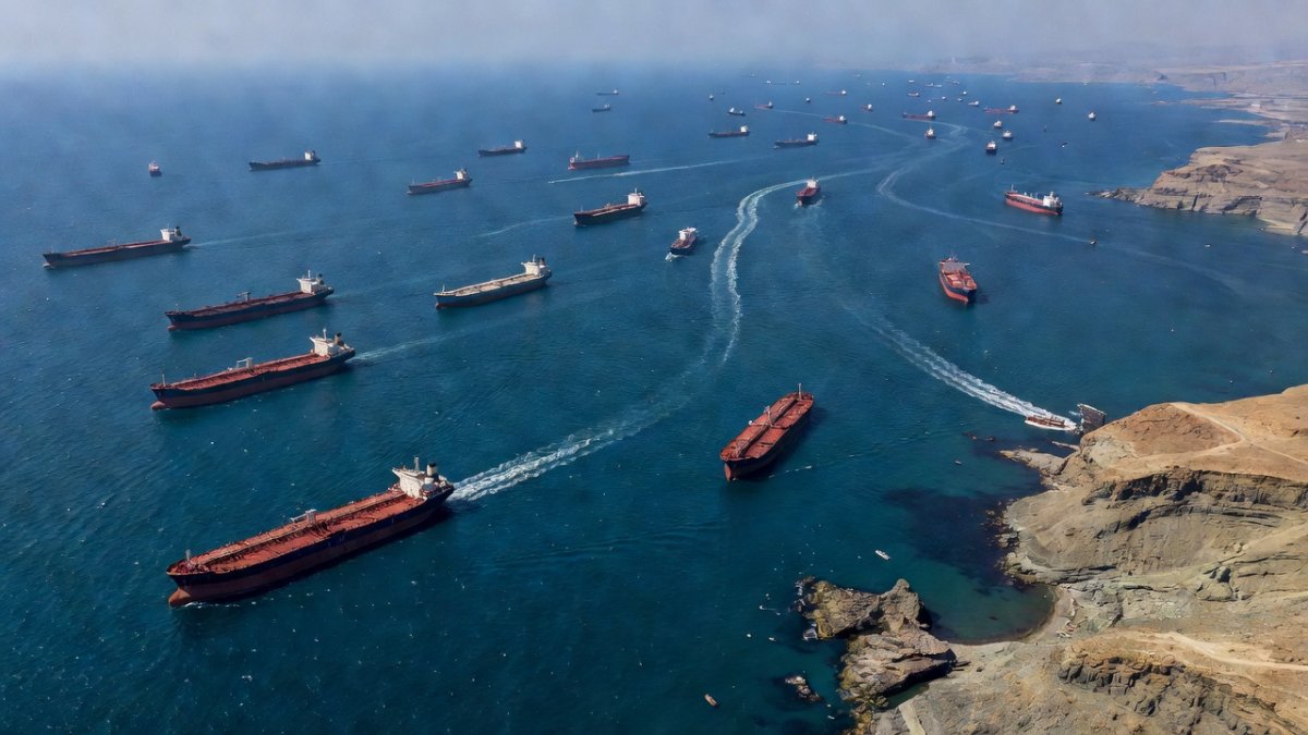 Cargo ships and oil tankers in the Strait of Hormuz, strategic waterway for global energy