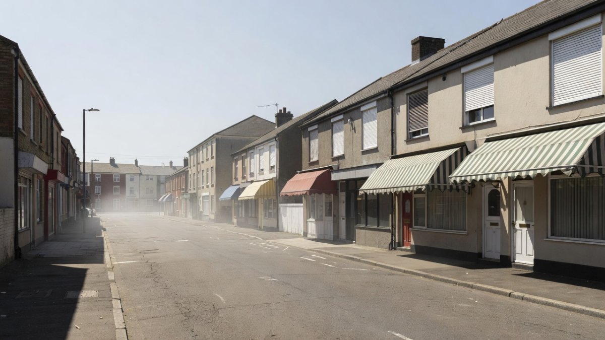British residential street during extreme heatwave with buildings showing heat mitigation measures