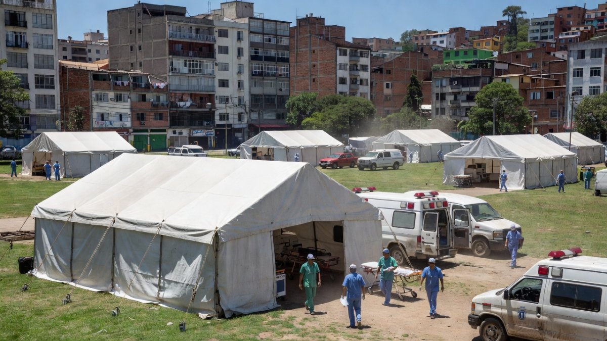 Field hospital set up in Caracas park providing emergency medical care to earthquake survivors