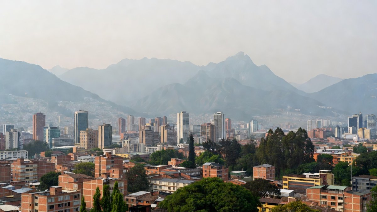 Bogotá cityscape with hazy sky from Amazon fire smoke