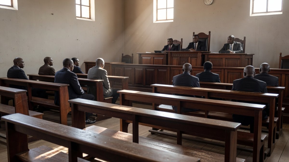 Interior view of a courtroom in Kampala with lawyers standing before the judge