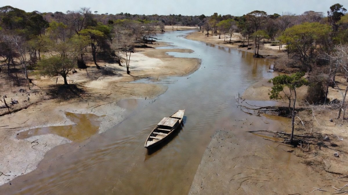 Indigenous community members in a boat navigating a severely receded Amazon river tributary during drought