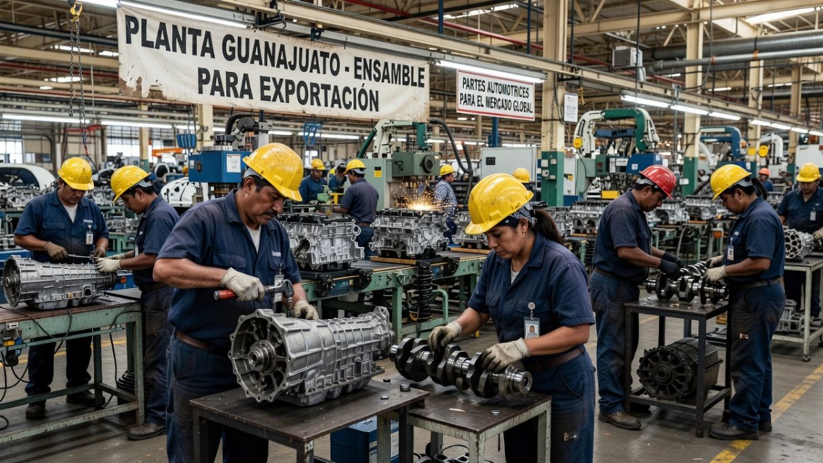 Mexican auto workers on factory assembly line in Guanajuato