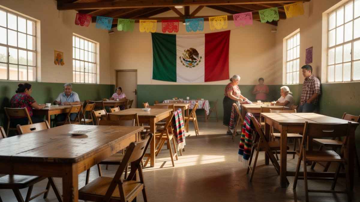 Interior of a Mexican community center shelter with welcoming atmosphere