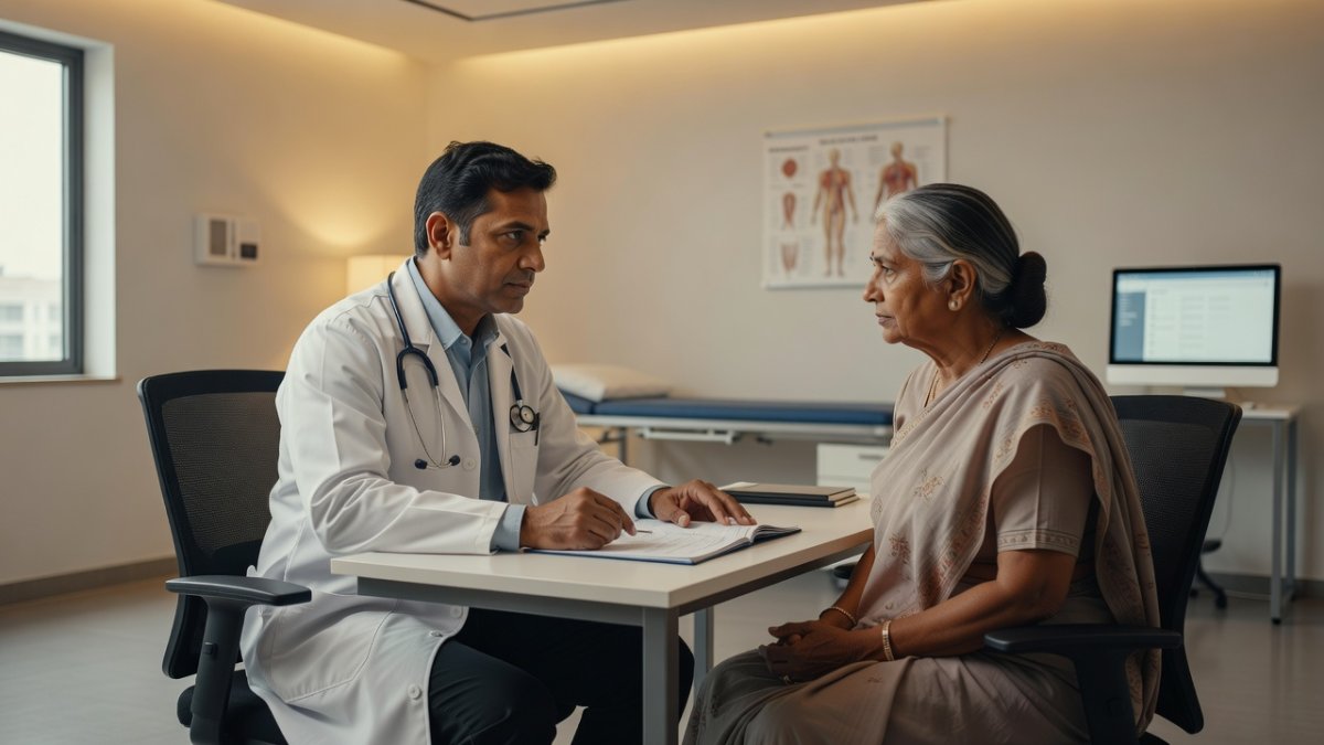 Indian patient discussing prescription with doctor in clinic
