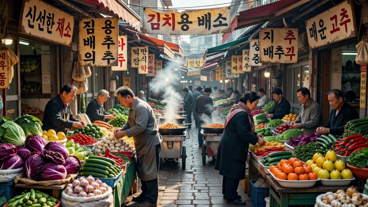 Traditional Korean market scene with outdoor produce stalls and street food