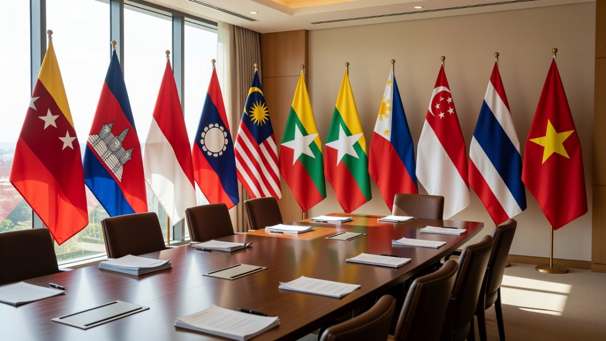 ASEAN member nation flags in diplomatic meeting room