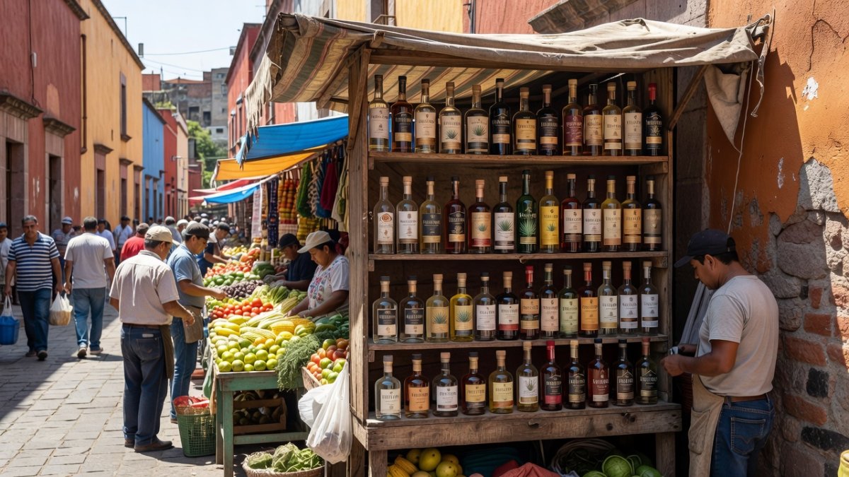 Market scene in Guanajuato showing bottled spirits on display