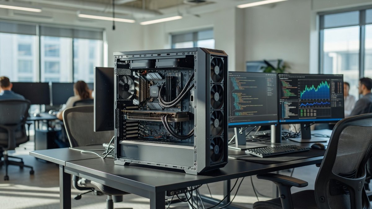 Desktop computer workstation with graphics card for running local AI video generation models