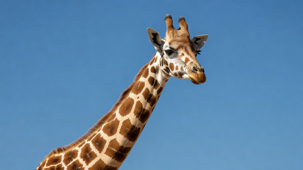 Close-up of a giraffe head and neck against a blue sky