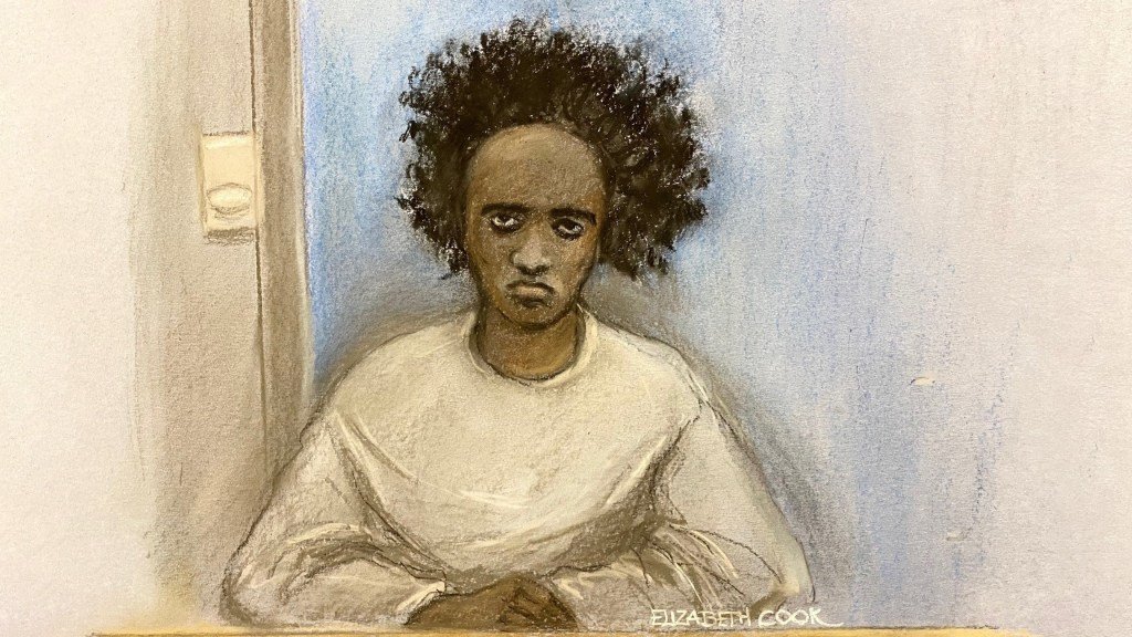 Court artist sketch of Axel Rudakubana appearing via video-link at Liverpool Crown Court