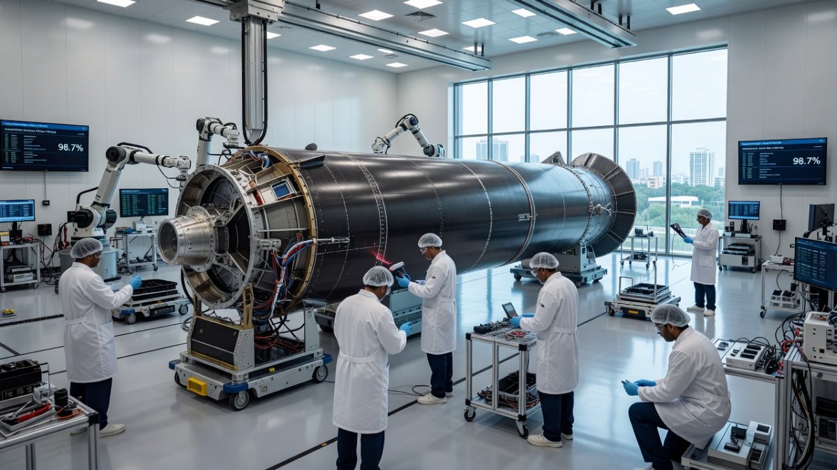 Skyroot Aerospace manufacturing facility in Hyderabad showing rocket components assembly