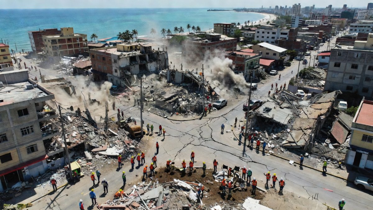 Aerial view of earthquake destruction in coastal Venezuela showing collapsed buildings