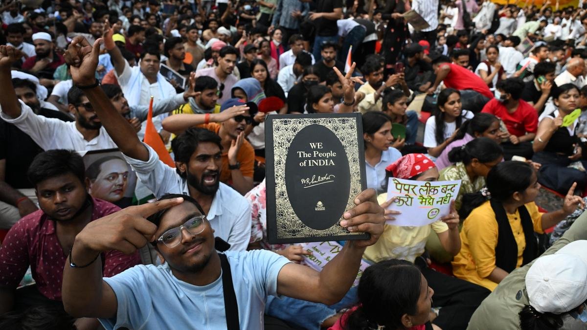 CJP protestors demanding action against NEET-UG 2026 paper leak in New Delhi