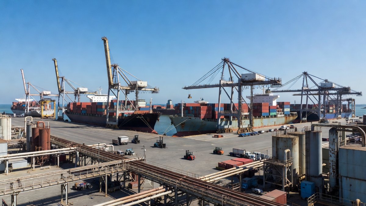 Commercial shipping vessels at a Gulf port