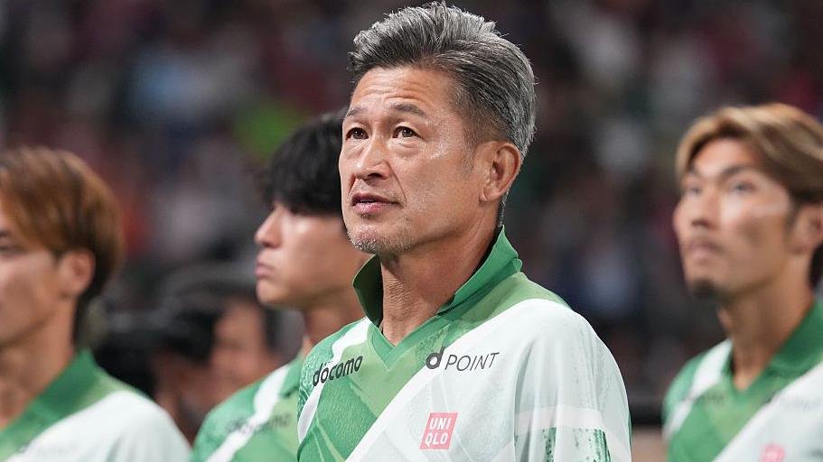 Kazuyoshi Miura, Japanese football legend known as King Kazu, celebrates his goal