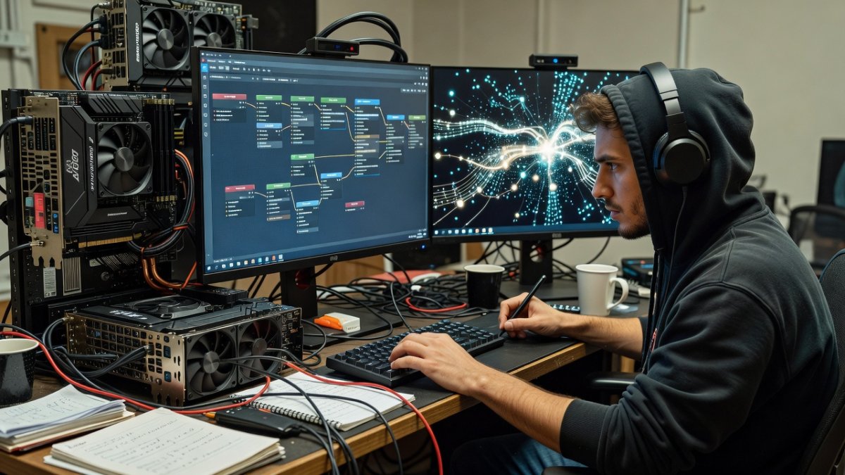Digital artist working at workstation with ComfyUI and AI image generation tools