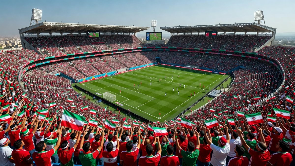 Packed football stadium during a World Cup match with Iran fans