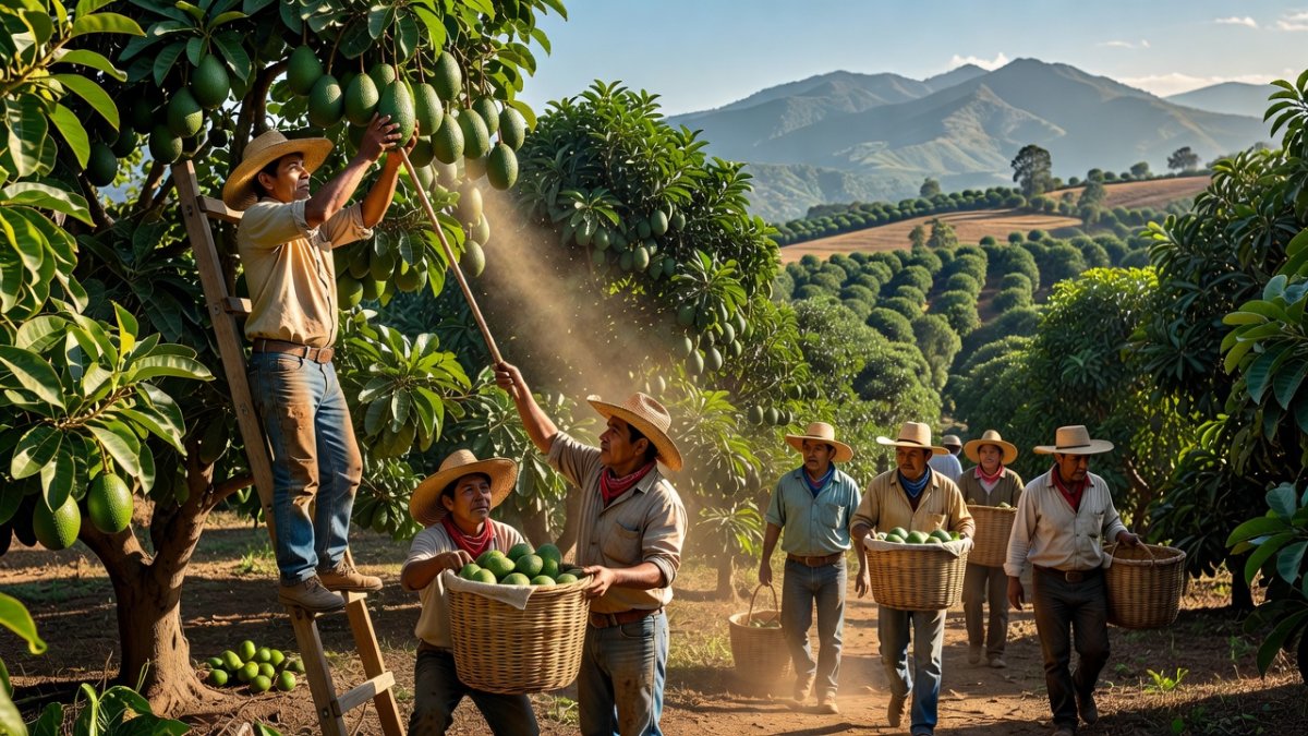 Avocado farmers harvesting in the orchards of Michoacán, Mexico's top avocado-producing state