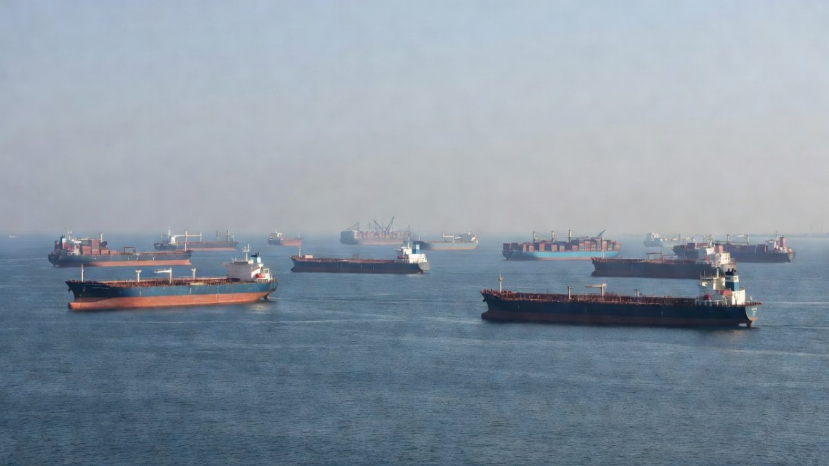 Cargo ships and oil tankers at anchor in the Strait of Hormuz, documentary photojournalism style