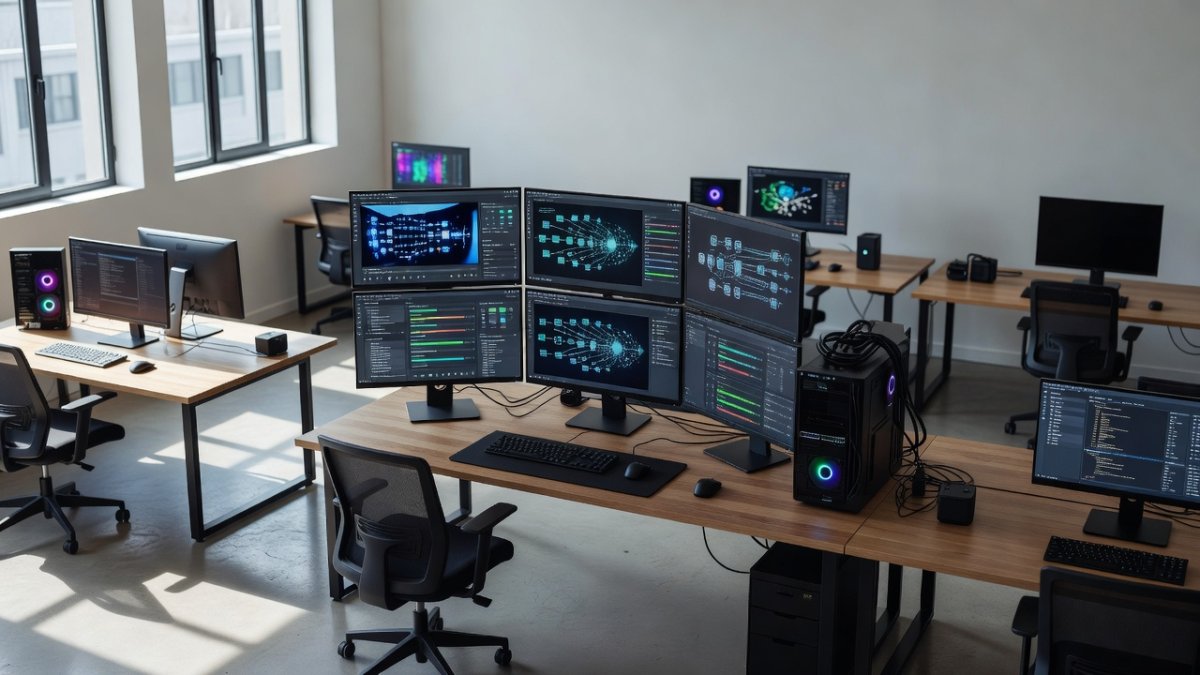 Creative professional workspace with AI video generation software running on multiple monitors with GPU workstation