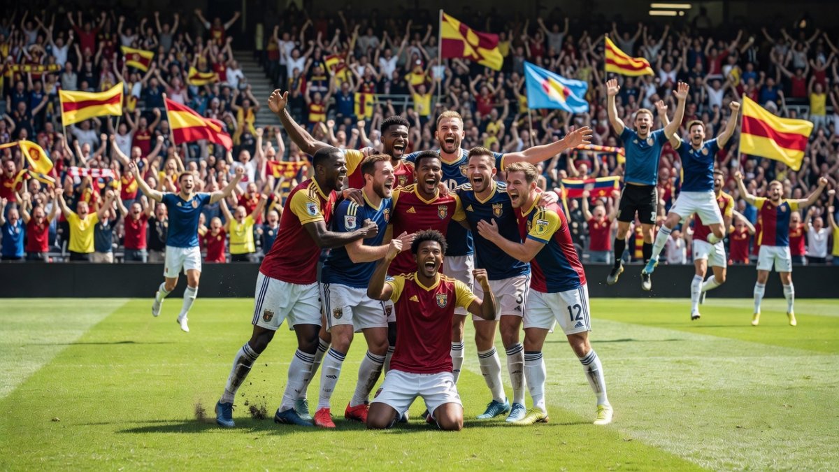 Football players celebrating on the pitch during World Cup 2026
