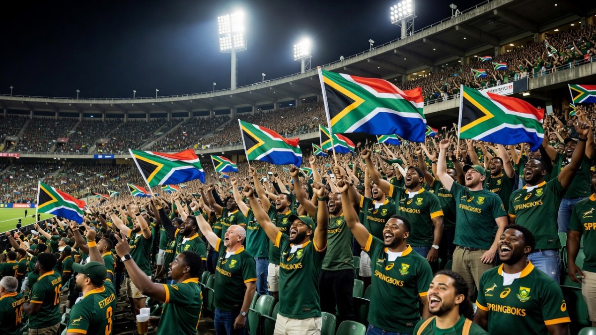 Springboks fans waving flags at Hollywoodbets Kings Park in Durban