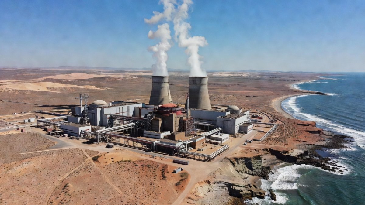 Nuclear power plant with cooling towers in coastal desert landscape