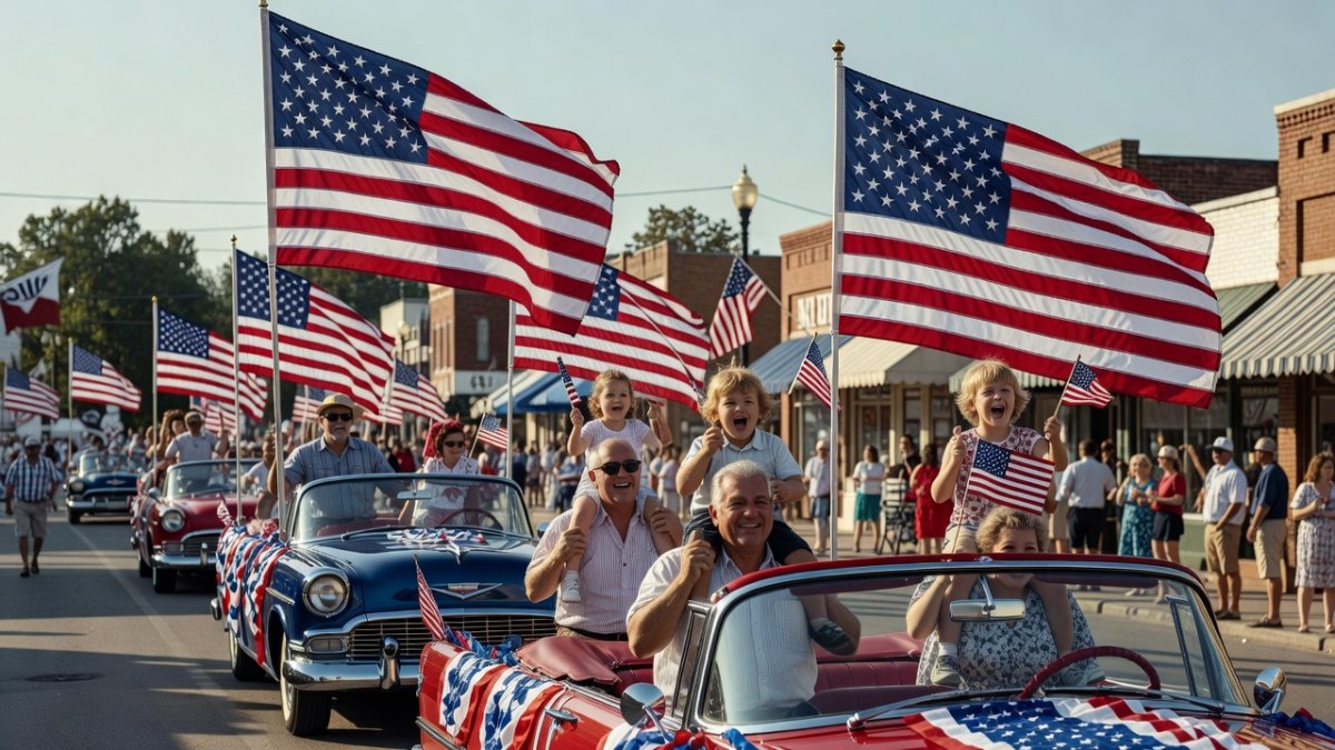 American flags and Fourth of July parade celebrations across the United States
