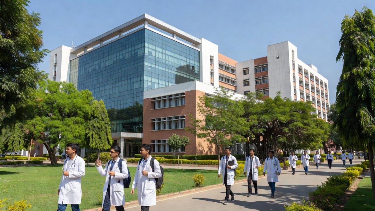 Medical college campus in India with students in white coats
