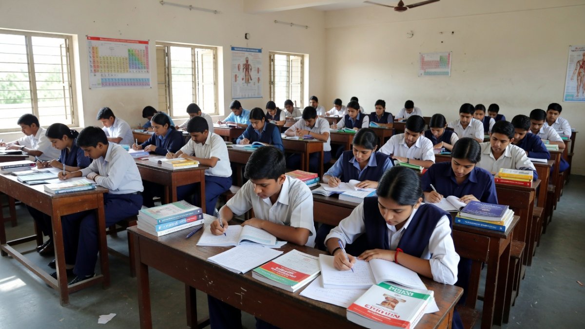 Students studying for NEET exam in an Indian classroom, representing the 2.4 million affected by the NEET-UG 2026 paper leak