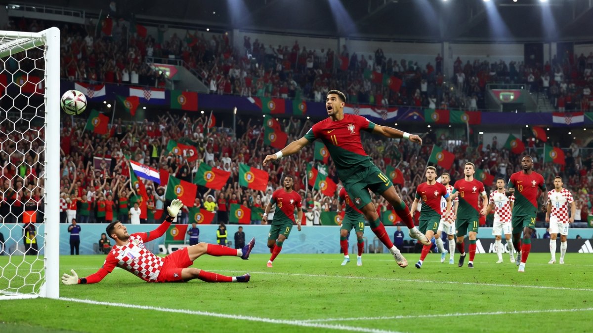 Portugal players celebrate Goncalo Ramos winning goal against Croatia in the World Cup 2026