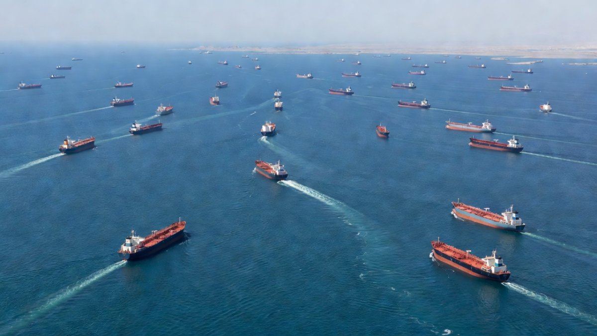 Cargo ships and oil tankers in the Strait of Hormuz