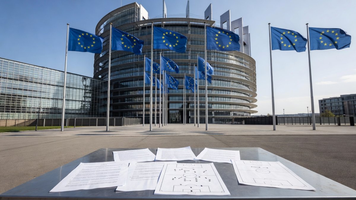 European Parliament building in Brussels with EU flags