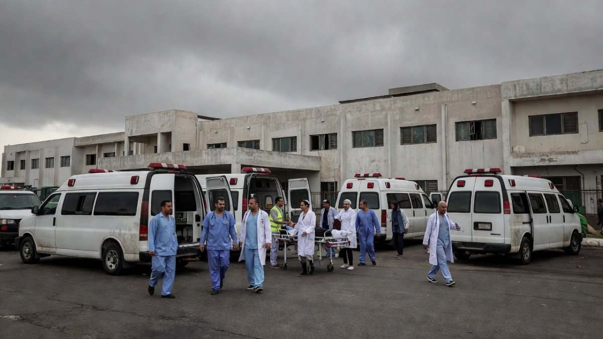 Exterior of Gaza hospital with medical staff and ambulances responding to casualties