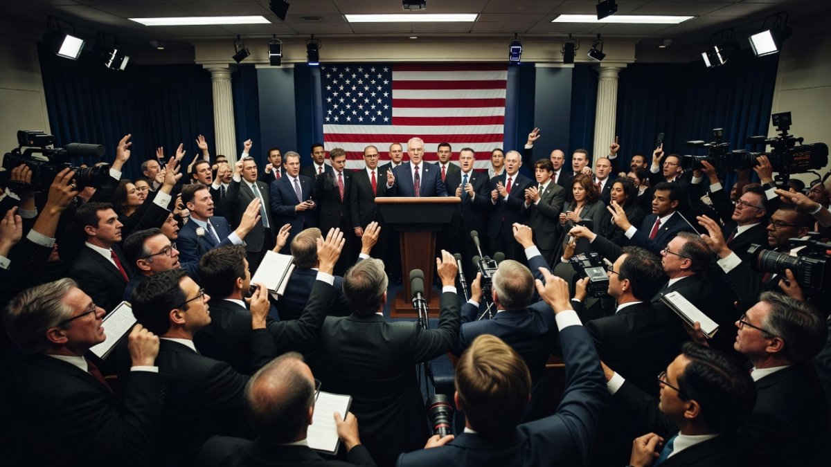 White House press briefing room with journalists gathered for daily briefing