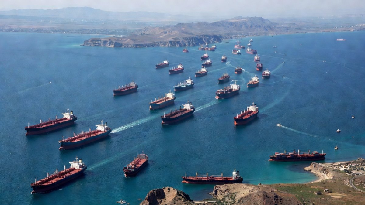 Oil tanker and military vessel in the Strait of Hormuz, one of the world's most critical maritime chokepoints