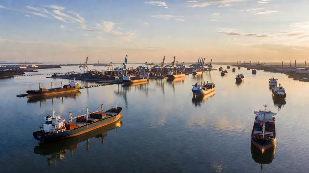 Cargo ships at anchor in the Strait of Hormuz, international shipping waterway